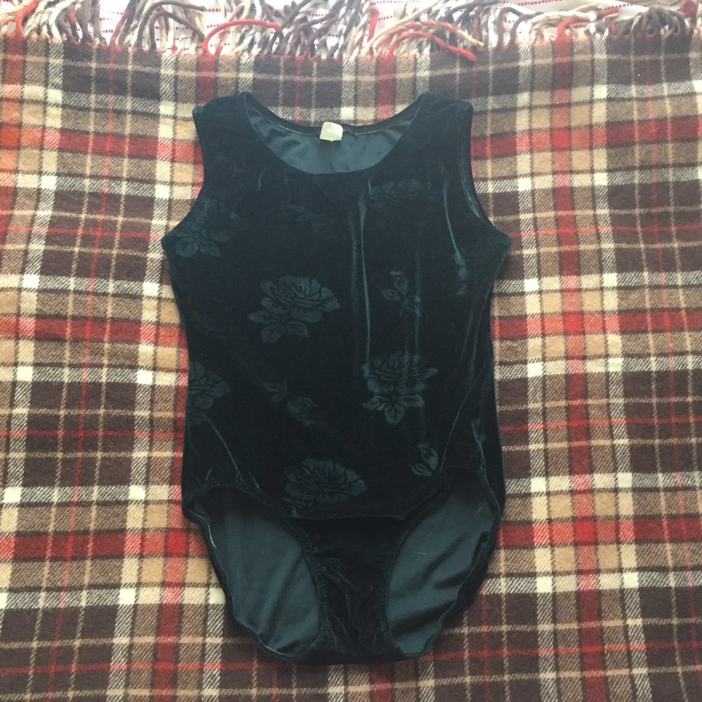 Green velvet leotard/bodysuit with rose design